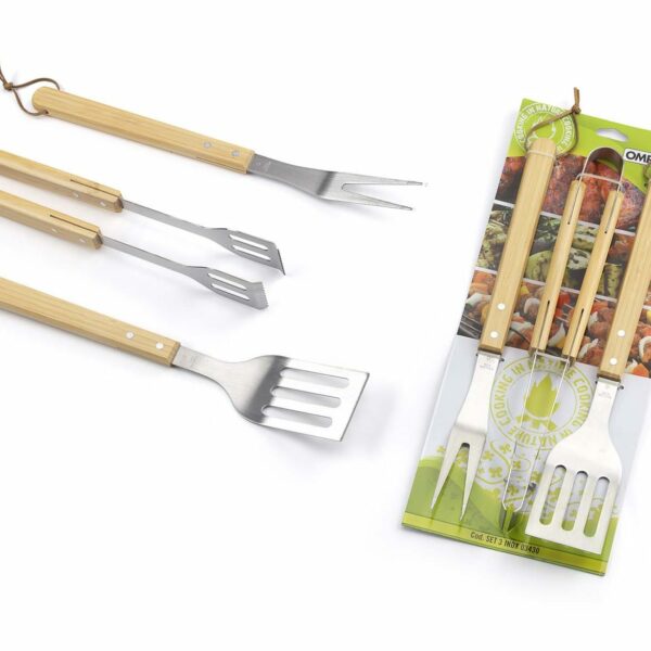 set 3 pezzi acciaio inox c/manico in bamboo 03430 Ompagrill – set utensili